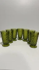 Vintage Indiana Glass Whitehall Cubist Green Footed Highball Glasses Set of 7