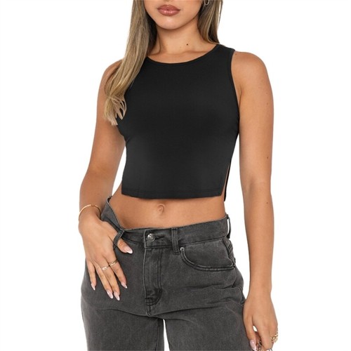 Women Solid Color Crop Top Sleeveless Side Split Hem Bodycon Racerback Vest - Picture 19 of 23