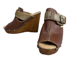 Reba Wedge Heels Sandals Womens Size 10 Brown Leather Unlimited Boho Western