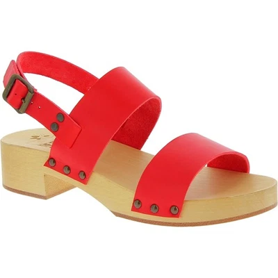 Sabots en bois femme faits à la main avec bande en cuir rouge semelle en cuir - Photo 1/4