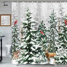 Winter Snowy Forest Shower Curtain for Bathroom, Christmas Pine Tree Snowflak...