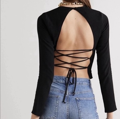 Reformation Women's Black Cassia Lace Up Open Back Blouse Top Small Long Sleeve