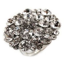 Silver Tone Clear Diamante Cocktail Ring (Adjustable Size 7/8)