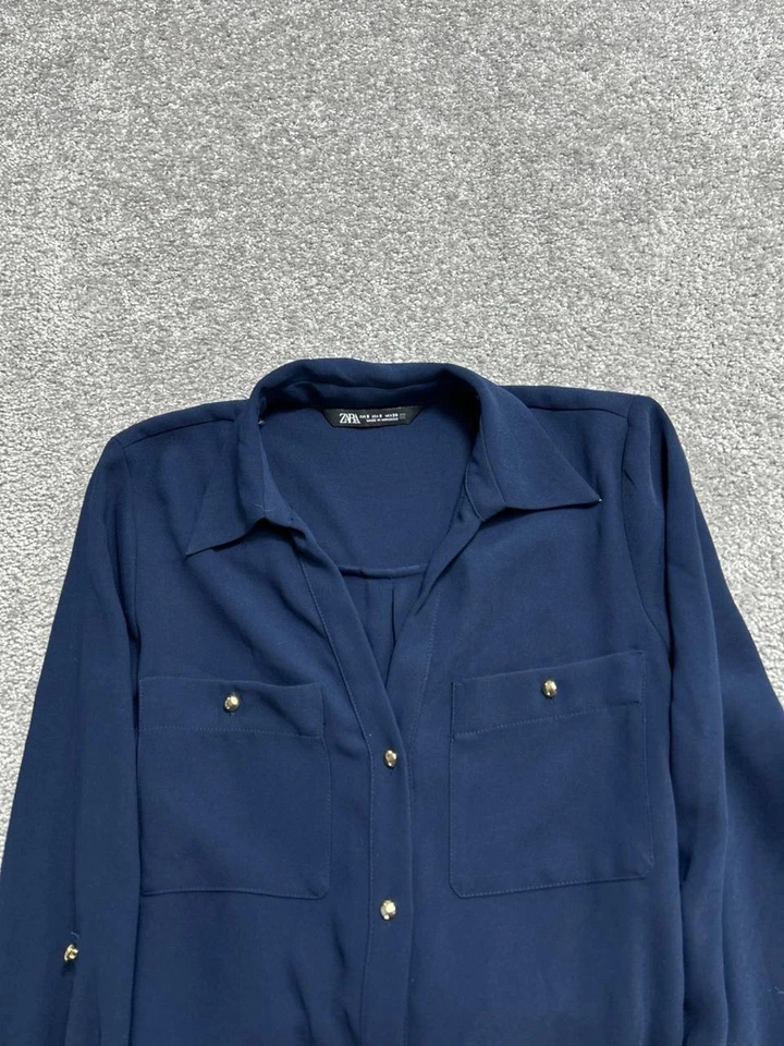 Vestido camisero Zara para mujer pequeño azul midi manga lengüeta enrollable cinturón botón delantero Foto 3 de 4