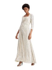 CALVIN KLEIN Womens Fit + Flare Full-Length Dress Beige 3/4 Sleeve Evening 2