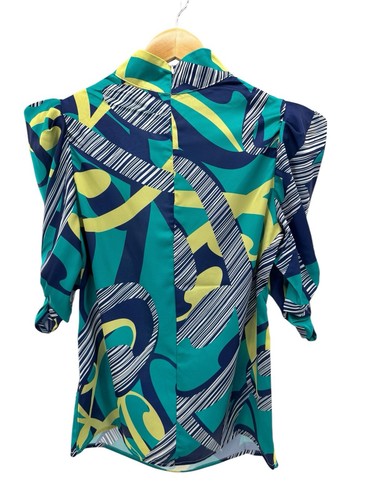 CQ by CQ Colorful Top Women Size Medium Artsy Pattern Puff Sleeves Green Blue - Bild 5 von 8