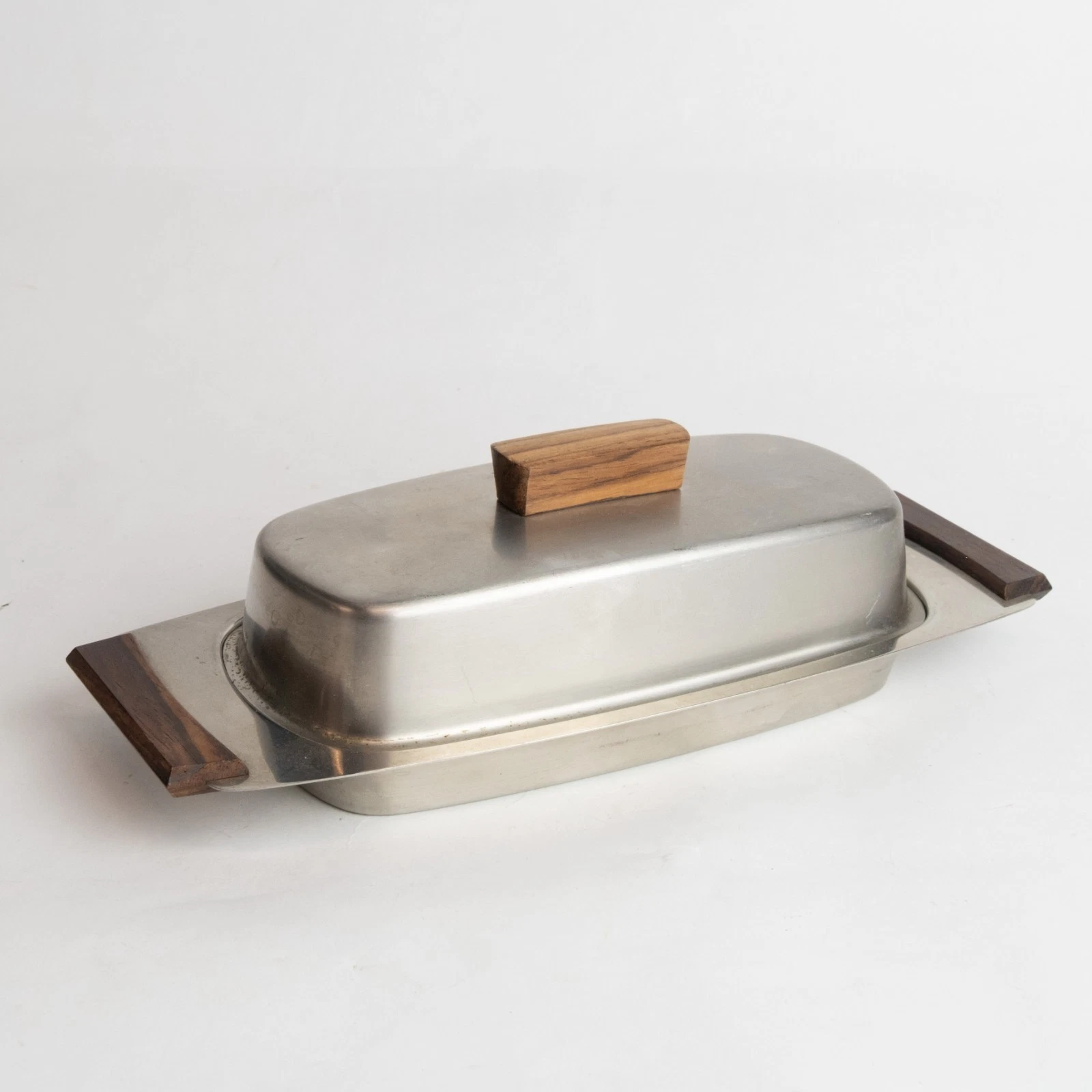 Vintage Stainless Steel Butter Dish MCM Wood Handles Japan Covered Lidded 18-8
