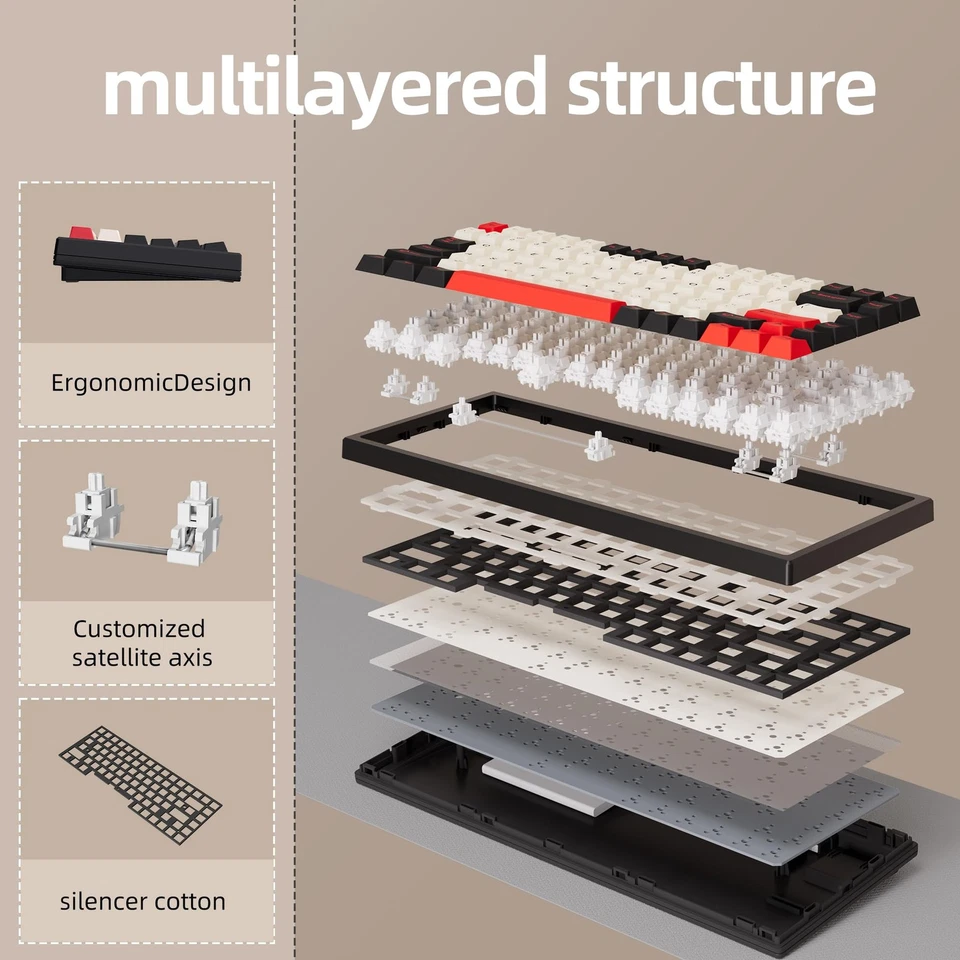 75% Wireless Gaming Keyboard RGB Triple Mode Hot Swappable Red 84Key - Image 3 of 4