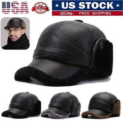 Men's Winter Hat w/ Visor Warm Earflaps Hat Fully Lined Faux Fur Baseball Cap US