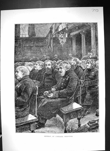 Original Old Antique Print 1871 Sunday Service Scene Chelsea Hospital Siers