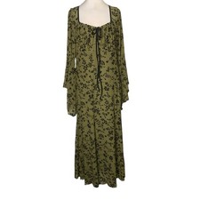 Olive Green & Black Floral Print Milkmaid Cottagecore Fairycore Whimsical Dress