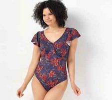 Denim  Co 18W Beach Draped Ruffle Sleeve One-Piece Swimwear Tropical QVC 4388