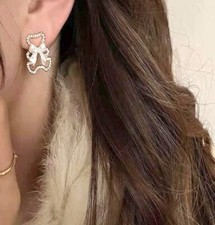 Tiny Rhinestone Teddy BEAR Bow Tie Earrings Stud Delicate Crystal Sparkle NEW