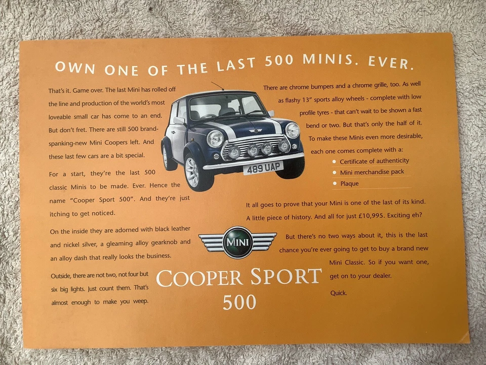 Rover Mini Cooper Sport 500 END OF THE ROAD October 2000 Leaflet Brochure V RARE - Image 3 of 3
