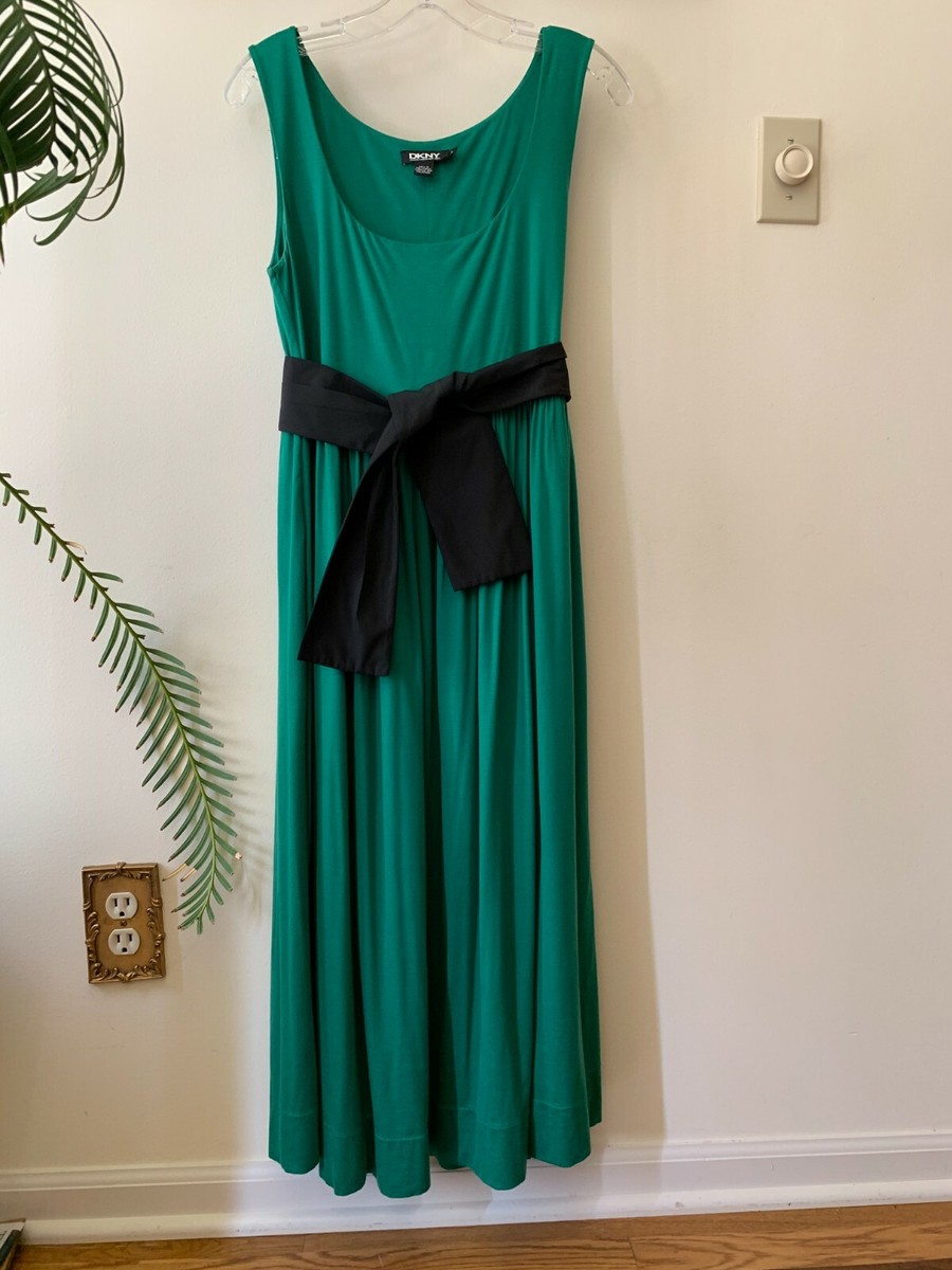 DKNY Green Empire Style Knit Dress with Black Tie Belt, Pockets, Size L