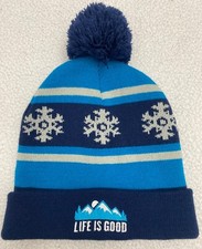 life is good Winter Knit Hat Pom Pom Blue Embroidered Adult One Size