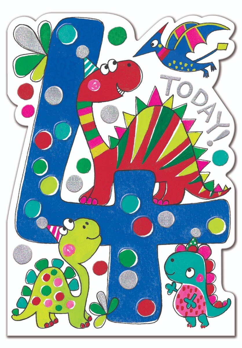 Dinosaurs Happy 4th Birthday Card – Children's Greeting Card Made in the UK