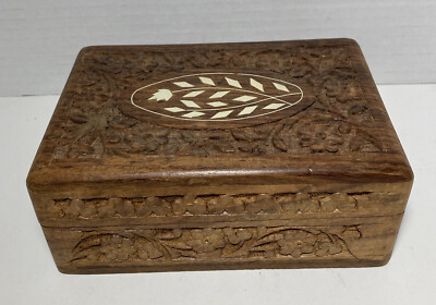 Vintage Hand Carved Wood Floral Inlay Velvet Lined Jewelry Trinket Stash Sew Box