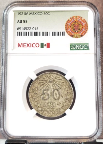 1921 MEXICO SILVER 50 CENTAVOS 50C NGC AU 55 SCARCE NICE COIN