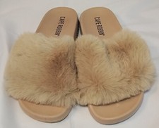 Cape Robbin Faux Fur Slide Sandals Womens 6 Tan Rhinestone Cozy Slippers