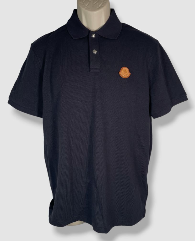 $440 Moncler Men's Blue Solid Leather Patch Polo Shirt Size