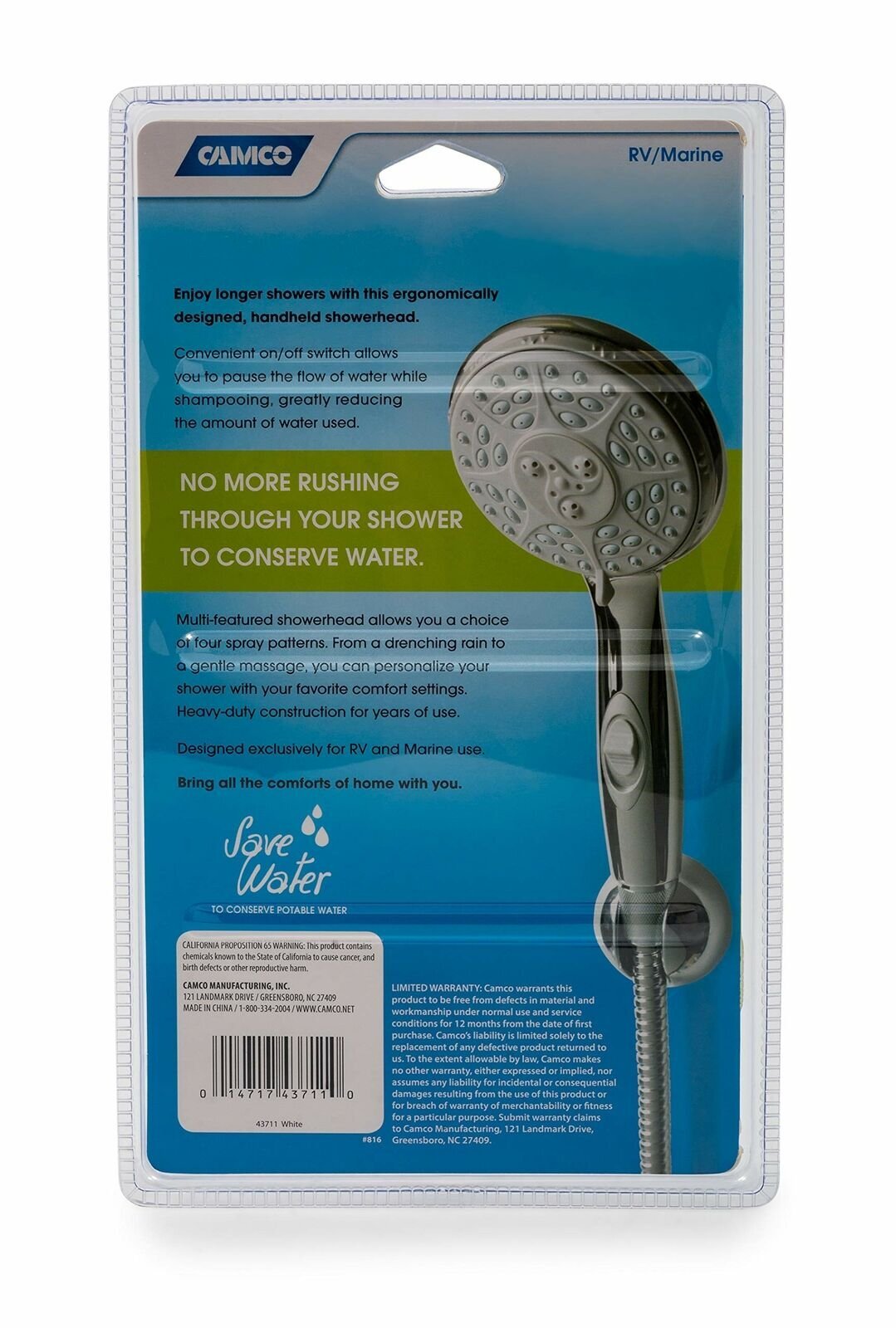 Camco RV Water Conserving Shower Head w/On Off Switch 5 Settings White