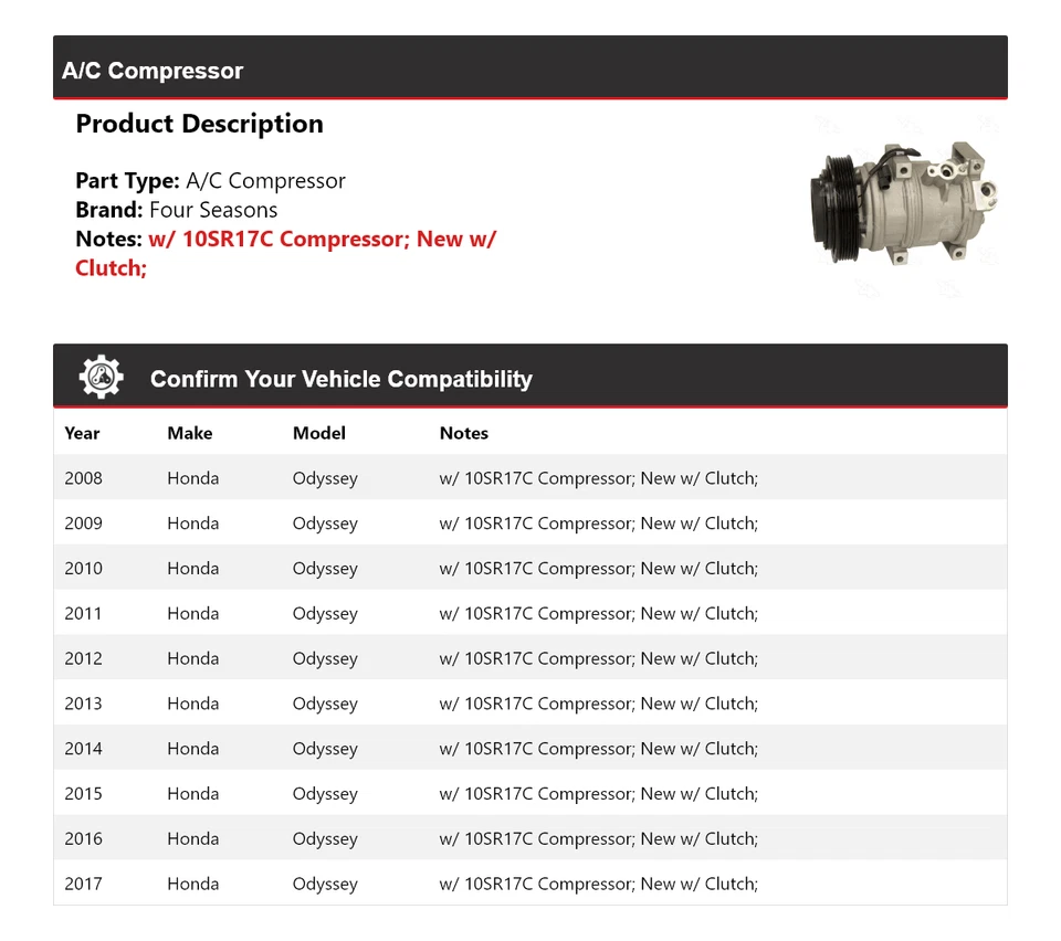 Compresor de aire acondicionado para Honda Odyssey 2008-2017 4 estaciones 2009 2010 2011 2012 2013 Foto 2 de 4