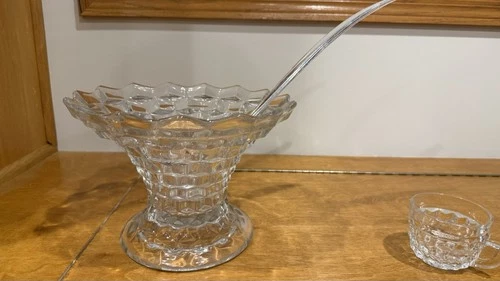 Vintage Fostoria American Cubic 14" High Foot Base & 12 Cups. No Punch Bowl