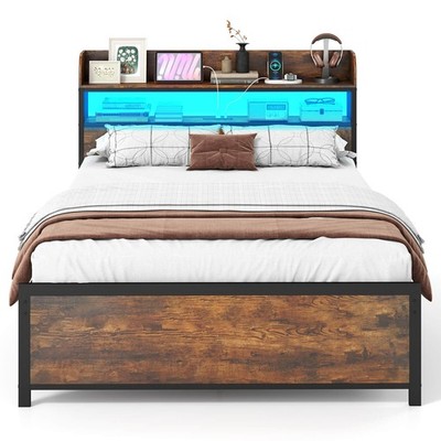 Full Bed Frame w/LED Lights Power Outlets Storage Headboard Metal Slat Support