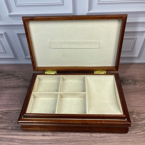 Jewelry Box Brown Burl Wood Inlay Hinged Multi-compartment Lid Removable Tray