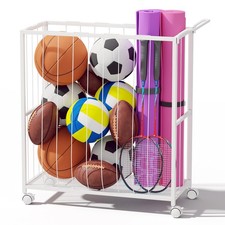 Ball Storage Bin Rolling Sports Ball Cart, Metal Garage Organizer Sport Rack,...