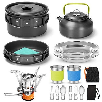 Camping Kochgeschirr Set mit klappbarem Herd, Antihaft Topf Pfanne Wasserkocher Set
