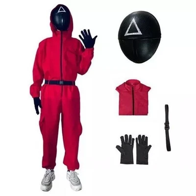 Kid Adult Squid Red Jumpsuit Villain Uniform Mask Halloween Cosplay Costume Game