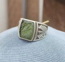 Raw Moldavite Mens Ring, 925 Silver Signet Ring, Sparrow Wings Statement Ring
