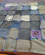 Vintage Tied Denim Quilt Handmade Patchwork 48x48 Inch Throw Blanket