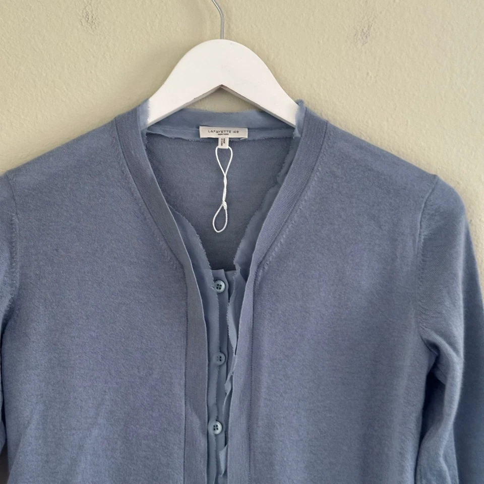 Cárdigan Suéter Azul Lafayette XXS Chifón Seda Borde 100% Cachemira - Leer Foto 3 de 4
