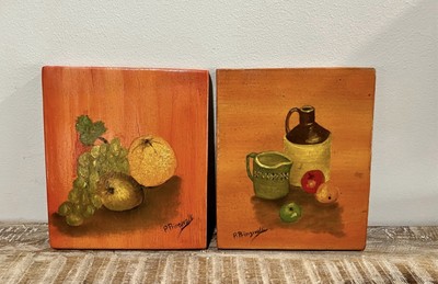 Vintage Handpainted Wall Paintings Art On Wood Fruit Jugs Signed P. Prinzivalli