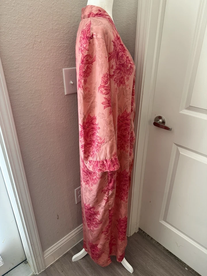 Bata Larga August Silk Intimates Rosa Rosa Floral Talla L 100% Seda Kimono Foto 2 de 4