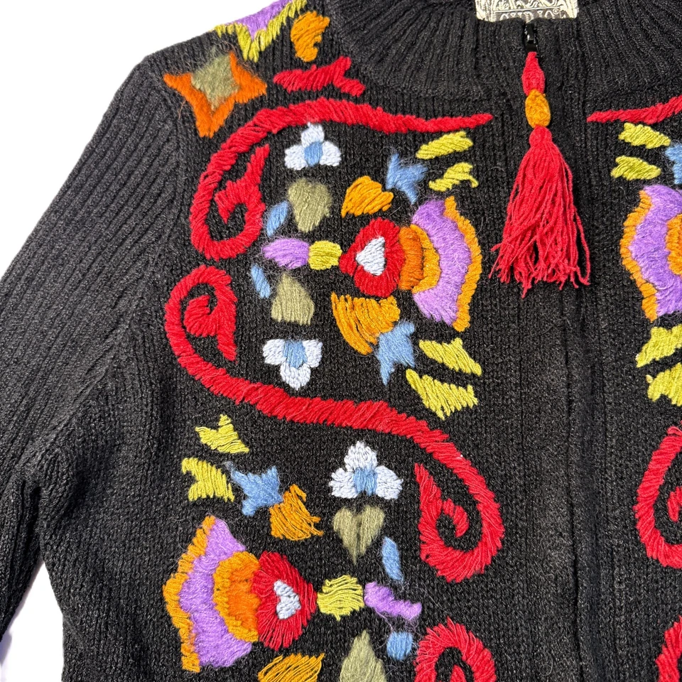 Cárdigan Suéter Anthropologie Curio Cremallera Mujer Grande Negro Floral Y2K Arte Boho Foto 3 de 4