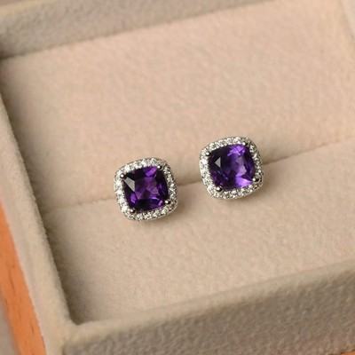 3ct Natural Purple Amethyst & Diamond Halo Stud Earrings 14k Solid White Gold