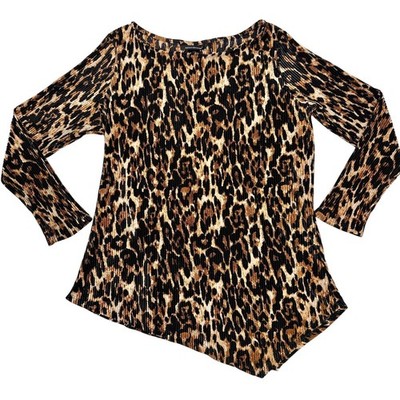 Ashley Stewart Blouse 22/24 Leopard Print Ribbed Long Sleeve Top Asymmetrical