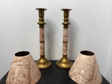 Vintage Brass Candlestick / Buffet Table Lamps–Matching Pair w/ Original Shades