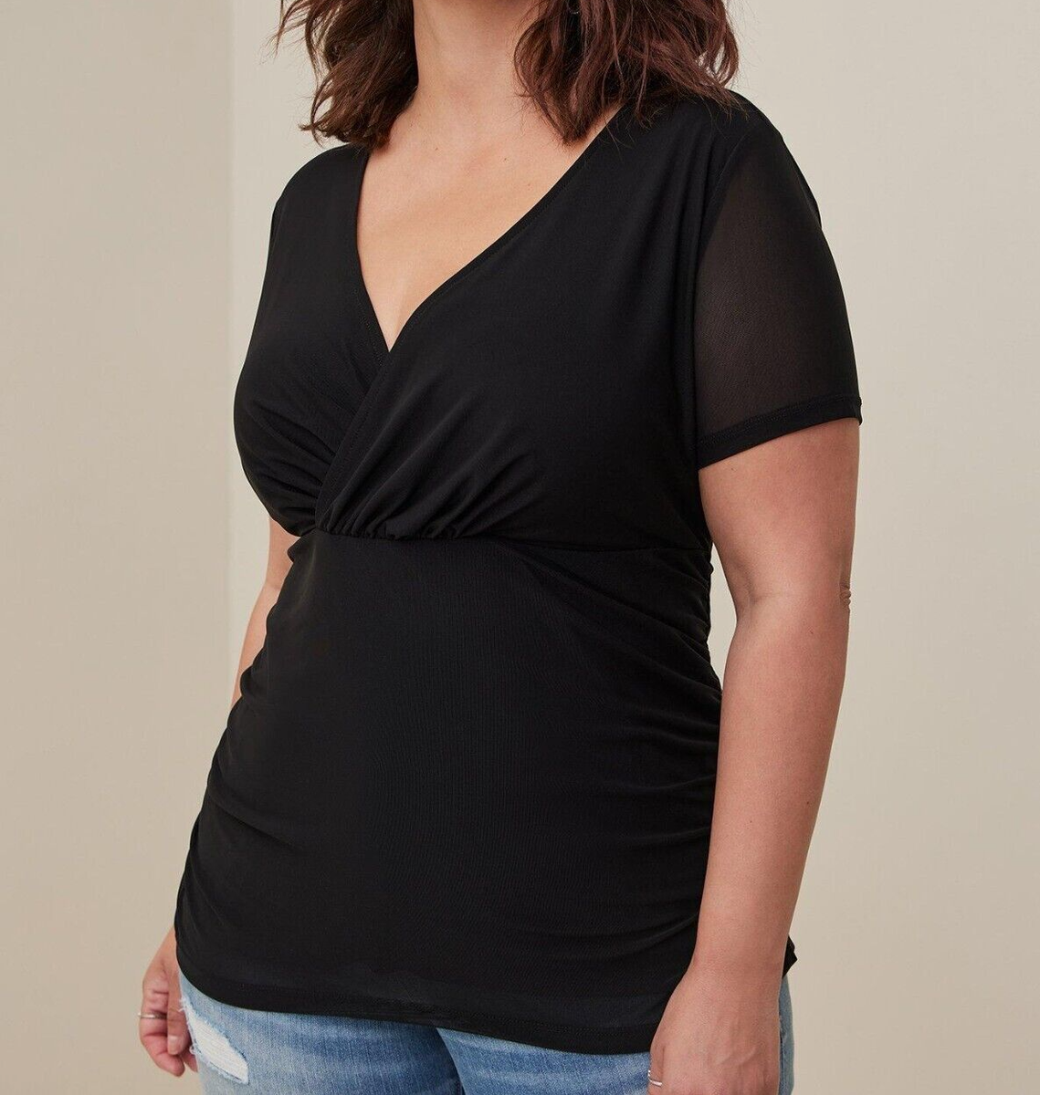 Torrid Stretch Mesh Surplice Neckline Shirred Top Black 6 6X 30