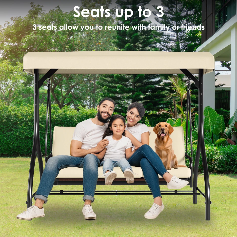 Columpio de porche Silla de patio de 3 asientos Silla columpio de exterior Columpio colgante de patio con dosel Foto 3 de 4