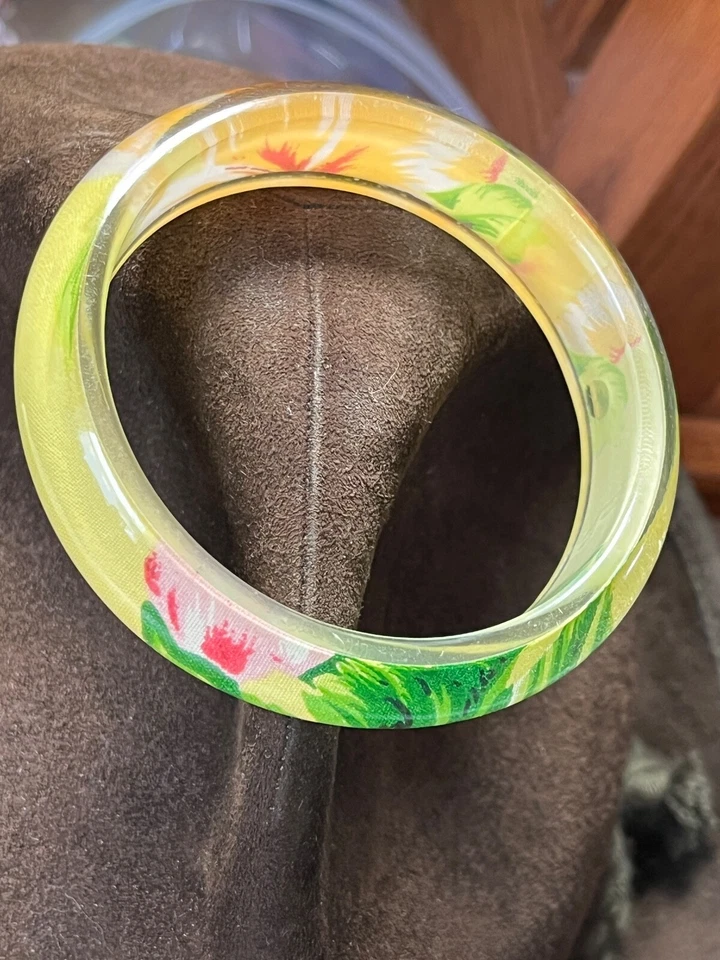 Brazalete Brazalete Vintage Amarillo Pálido con Flor Tropical Naranja o Rosa Plástico Grueso Foto 3 de 4