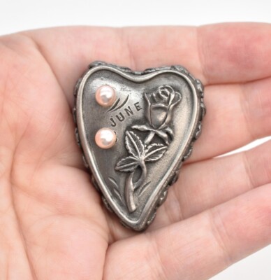 Vintage trinket pin holder 置物　ハンド　小物入れ Torino June Trinket Box Pewter Rose Brooch Lid Pink Faux Pearl