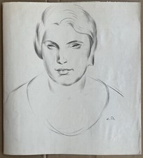 Dessin Ancien Art Déco Casimir Reymond Suisse Portrait Visage de Femme de Face