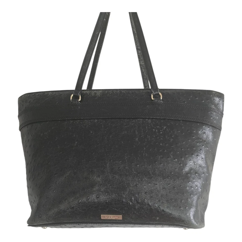 Kate Spade Ostrich Leather Travel Tote Handbag Women Black Pebbled Bow Large  - Image 3 of 4