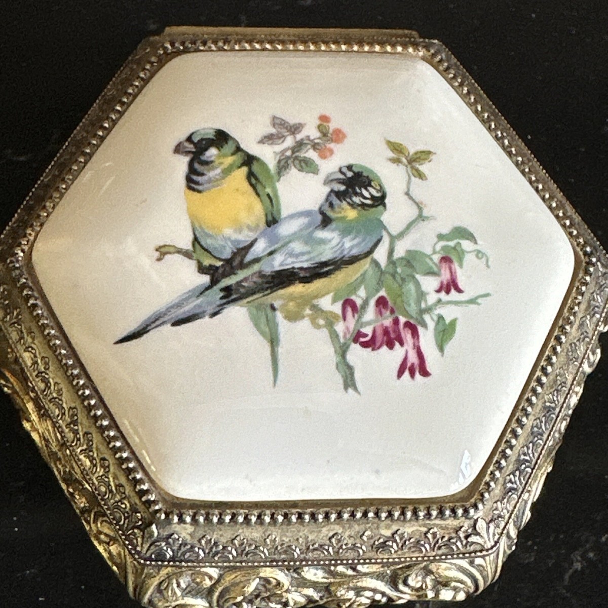 Vintage Sankyo Bird Porcelain / Gold Music Trinket Jewelry