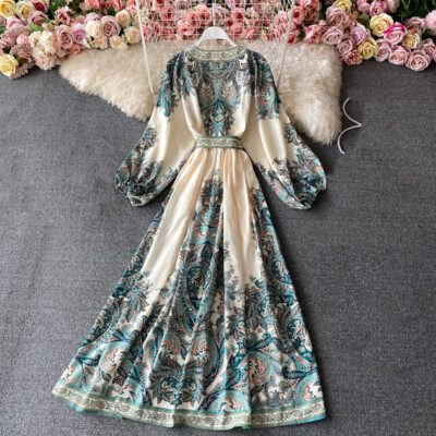 high waist dresses and skirts Elegant White Blue Watercolor Pleated Satin High Waisted Ruffle Maxi Skirt S / Light Blue main image 1